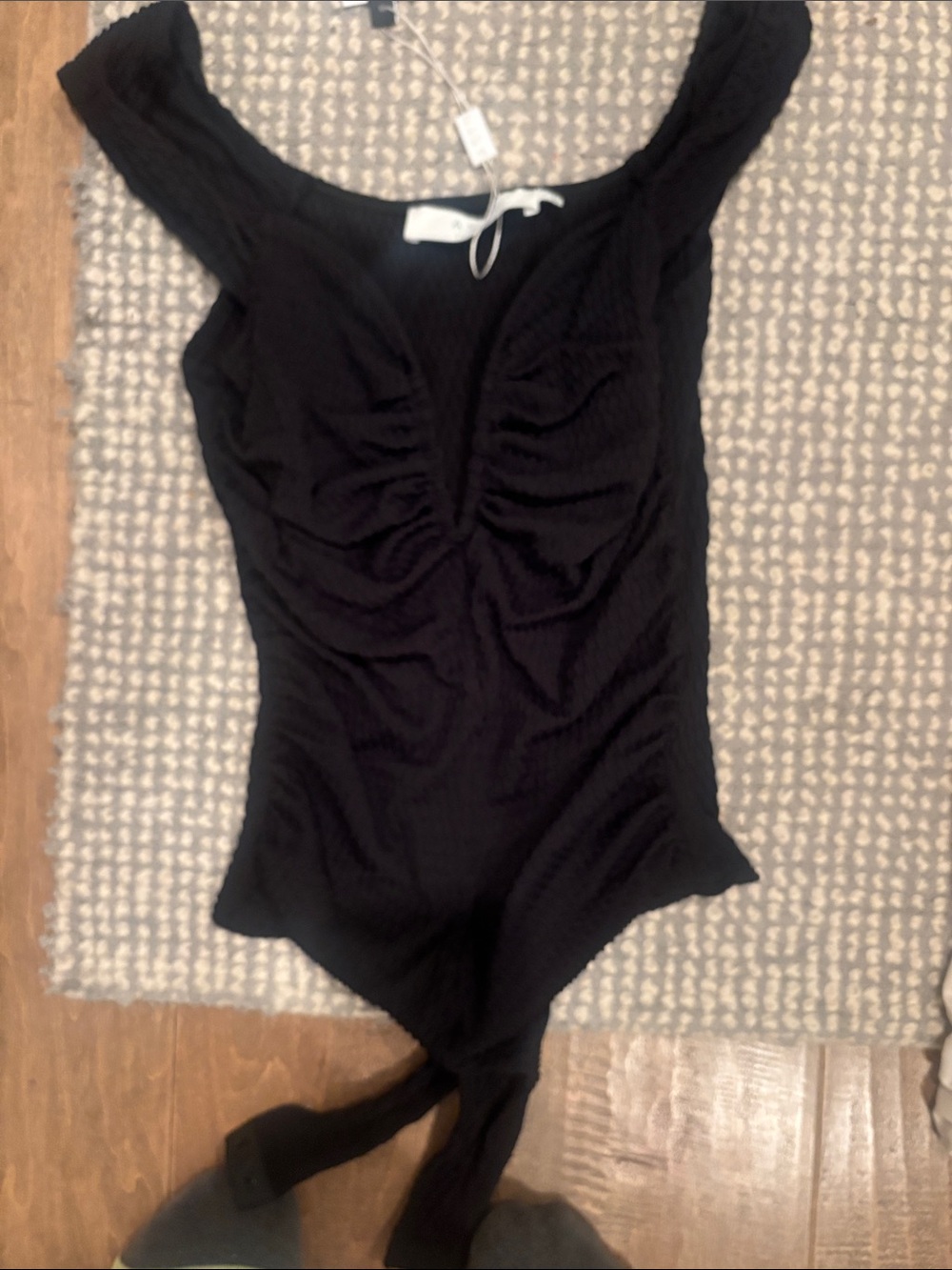 Astr Black Ruched Scoop-Neck Bodysuit